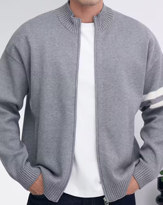 Men's Gray Breathable Polyester/Cotton Knitted Zip-Up Cardigan Full Sleeve Solid Color Turtleneck Sweater for Winter - Product Image 2