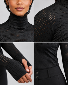 Camiseta de equitación de manga larga para mujer, negra, estampada, transpirable, de punto, con cuello alto, diseño de malla, cintura media, de secado rápido. - Product Image 5