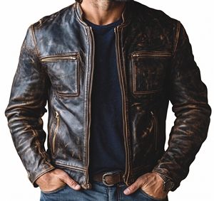 High Quality Men Distressed Vintage Leather Biker <b>Jacket</b> Retro <b>Cafe</b> <b>Racer</b> Motorcycle Cowhide Zipper Waterproof Windproof Stylish - Product Image 2