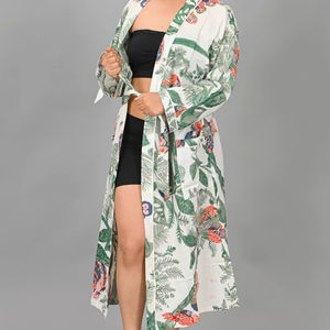 ชุดคลุมอาบน้ำผ้าฝ้ายเนื้อนุ่มหรูหรา คอวี มีเชือกผูก ยาวเต็มตัว พิมพ์ลายด้วยมือ งานฝีมือสุดคลาสสิก ใช้คลุมชายหาดได้ ซึมซับน้ำได้ดีเยี่ยม - Product Image 2