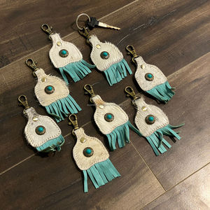 Llaveros con flecos de piedra turquesa para ocultar el pelo con estilo occidental, superventas, llaveros de cuero genuino, llaveros de lujo - Product Image 4