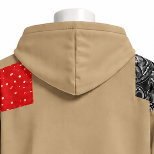 Sweat à capuche zippé oversize en patchwork tapisserie kaki, avec fermeture éclair intégrale, imprimé patch, style streetwear décontracté - Product Image 4