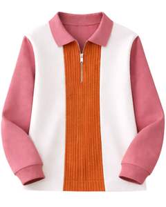 Sudadera personalizada para mujer con cremallera de un cuarto, bloques de color rosa y naranja, paneles acanalados, forro polar, estilo casual, cálida para invierno, top de ropa urbana. - Product Image 1