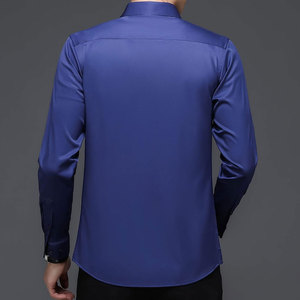 เสื้อเชิ้ตผู้ชายสีพื้น แขนยาว ปกคอปก ผ้าป๊อปลินกันยับ สีน้ำเงิน - Product Image 2