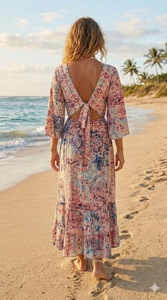 Vestido largo de seda tejida india con estampado geométrico coreano Y2K, cuello en V, corte en A, estilo bohemio, talla única, para primavera, sencillo, dulce y para uso diario. - Product Image 4