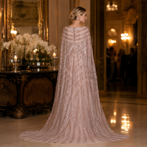 Luxury Rose Gold Sequin Evening Gown for <b>Women</b> V Neck <b>Cape</b> Sleeve Mermaid Maxi Dress Formal Party Wedding Reception Prom Dress - Product Image 3