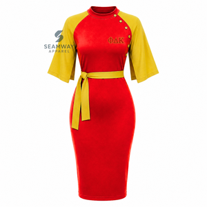 NSPDK Vestido midi ajustado de color rojo y dorado con bloques de color en contraste para mujer, vestido informal ajustado con detalle de botones y lazo en la cintura - Product Image 1