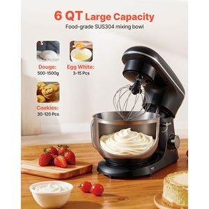 เครื่องผสมอาหารแบบตั้งโต๊ะ 6QT 6+ ระดับความเร็ว 660W หัวปรับเอียงได้ โถสแตนเลส พร้อมหัวตีแป้ง หัวตีลวด และหัวตีแบบแบน - Product Image 5