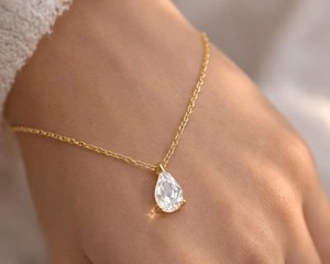 Platinum Bezel Setting Clear Quartz Teardrop Necklace Natural <b>Crystal</b> Pendant Minimalist <b>Healing</b> Gemstone Engagement Wedding - Product Image 3