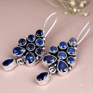 Pendientes de Plata Oxidada con Piedra Azul Ónix para Mujer |   Boho Tribal Étnico |   Joyería artesanal vintage de diseño. - Product Image 4