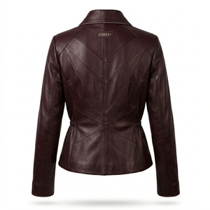 Burgundy Wine <b>Womens</b> Real Leather Wrap Coat Jacket Asymmetrical <b>Shawl</b> Lapel Gathered Waist Factory Hot Supplier - Product Image 2