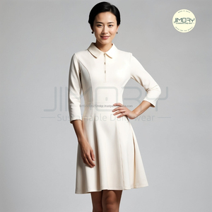 Vestido de mezcla de algodón y lino acampanado con cuello para mujer, ropa diaria de una pieza hasta la rodilla, vestido multiusos de calidad de exportación global - Product Image 5