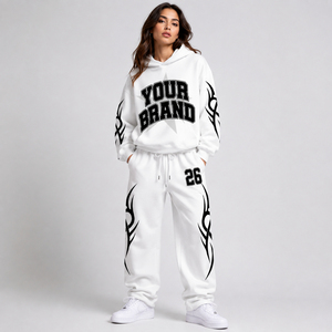 Custom Flame Screen Print <b>White</b> Oversized Hoodie And Sweatpants Set Streetwear 100% Cotton 400GSM Fabric <b>Tracksuit</b> For Wholesale - Product Image 6