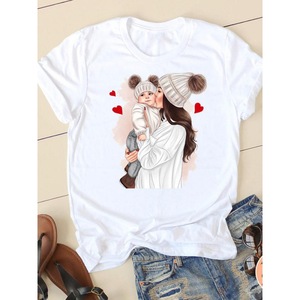 T-shirt blanc à manches courtes et col rond pour femme avec imprimé mère et bébé, décontracté, toutes saisons, tissu jersey 100% coton - Product Image 1