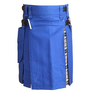 Blue Utility Hybrid Kilt Modern Tartan Pleated Cotton Kilts With Removable Cargo Pockets Side <b>Straps</b> <b>Buckles</b> Rings - Product Image 2