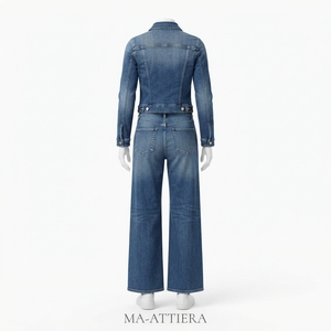 Combinaison en jean pour femme, tenue une pièce bleue, style veste ajustée à manches longues, pantalon large, streetwear - Product Image 4