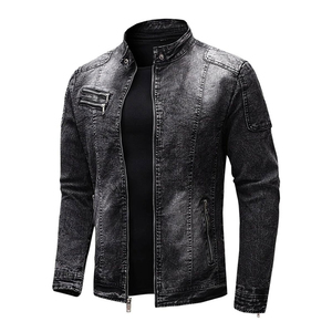 <b>Men's</b> Washed <b>Denim</b> <b>Jacket</b> Stand Collar Zipper Closure Slim Fit Moto Style Regular Sleeve Autumn Wear - Product Image 4