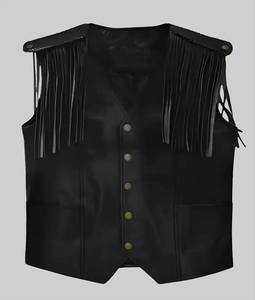 Gilet décontracté pour femme en cuir de vachette marron vintage, patchwork écologique, à franges, col en V, avec décorations à pampilles et perles cloutées - Product Image 2