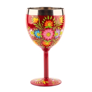 Hand Painted Red Floral Stainless Steel <b>Wine</b> <b>Goblet</b> Shatterproof Barware Glass - Product Image 1