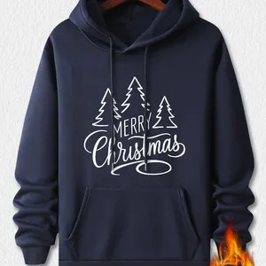 Sudadera con Capucha Estampada de Feliz Navidad para Hombre, Azul, de Algodón French Terry, Informal, de Invierno, con Bolsillo, Corte Regular - Product Image 2