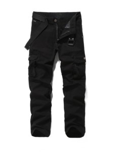 Pantalon cargo en toile noire pour homme avec plusieurs poches, taille mi-haute, style workwear, respirant, coupe droite, pour l'automne, short cargo - Product Image 1