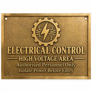 Placa de Advertencia Eléctrica Rectangular de Latón, Área de Alto Voltaje, Diseño Industrial, Solo Personal Autorizado - Product Image 1