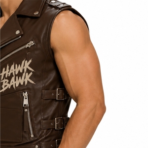 Veste en cuir pour homme sans manches avec fermeture éclair, style motard, plusieurs poches utilitaires, sangles latérales réglables, production en usine - Product Image 6
