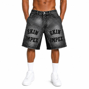 Custom Men's Black Acid Wash Straight Mid Waist Denim Jorts <b>Embroidered</b> Patch Streetwear Summer <b>Jeans</b> Shorts OEM - Product Image 3