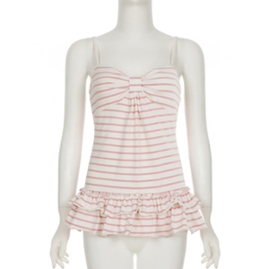 Débardeur long tricoté rose rayé mignon pour femme, respirant, écologique, séchage rapide, grande taille, avec ourlet à volants - Product Image 3