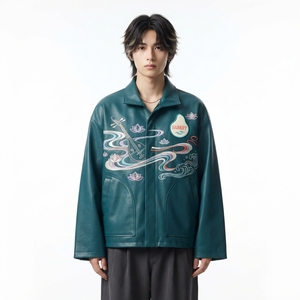 Men's Chinese Style <b>Real</b> <b>Leather</b> <b>Jacket</b> Hand Embroidery Dragon Pattern Stand Collar Zipper Closure Winter Wear Moto Style - Product Image 1