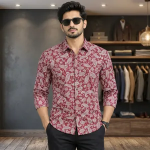 <b>Men's</b> <b>Red</b> Paisley Batik Knitted Eco-Friendly Long Sleeve Casual <b>Shirt</b> Turn-down Collar 100% Cotton Breathable Summer Wear - Product Image 3