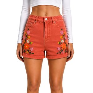 Shorts en jean taille haute pour femme avec broderie florale colorée, décontractés, pour l'été, personnalisables OEM ODM, vêtements de mode - Product Image 1