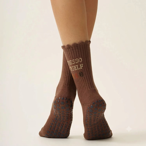 <b>Custom</b> Logo Double <b>Grip</b> <b>Socks</b> With Silicone <b>Grips</b> Inside And Outside Scalloped Cuff Knitted Brown color Crew <b>socks</b> for Women - Product Image 5