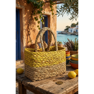Panier de rangement rectangulaire moderne en rotin tressé à la main avec poignée, organisateur écologique jaune pour cuisine, garde-manger et décoration intérieure - Product Image 5