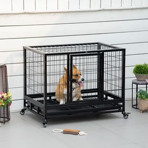 36-Inch Heavy Duty Double-Door Dog <b>Crate</b> with Lockable Wheels and Removable Tray for Medium and Large Dogs Black - Product Image 2