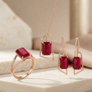 14K Solid Gold Natural <b>Ruby</b> Jewelry Set Elegant Ring <b>Necklace</b> Earrings Fine Jewelry Gift Set - Product Image 1