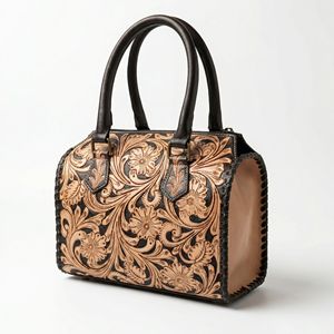 Bolsa de Viaje de Cuero Genuino 100% Hecha a Mano con Diseño Floral Occidental Tallado, Resistente al Agua, Gran Capacidad, Multifuncional - Product Image 2