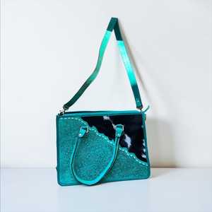 Teal <b>Genuine</b> <b>Leather</b> Bohemian Shoulder <b>Bag</b> With Animal Print Patch Zip Closure Two Handles Water Resistant Daily Use - Product Image 1
