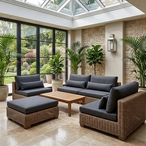 New Modern Minimalist Rattan Living Room Sofa Set Luxury Outdoor <b>Patio</b> Garden Sectional Lounge Seating Black Cushions Wooden Tab - Product Image 2