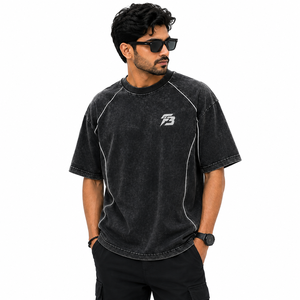T-shirt Homme Oversize en Coton Délavé Coupe Boxy Épaules Tombantes Coutures Contrastantes Streetwear Lourd Décontracté Été - Product Image 4