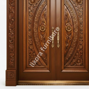 Puerta Principal Doble de Madera Sólida Hecha a Mano de Lujo con Tallado Floral Ornamentado y Acabado Premium - Product Image 3