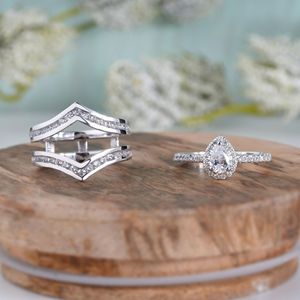RITZIN Women's Cute Pear Halo Lab Grown Moissanite Enhancer <b>Ring</b> for Wedding Engagement <b>Solitaire</b> in White Gold 10K/14K/18K - Product Image 1