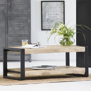 Mesa de Centro Plegable Industrial de Madera Maciza de Mango con Base de Dos Piezas Metálicas en Negro y Natural para Sala de Estar - Product Image 1