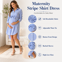 Robe de maternité rayée pour femme, manches 3/4, froncée, boutonnée, avec ceinture à nouer, décontractée, pour la grossesse et le quotidien