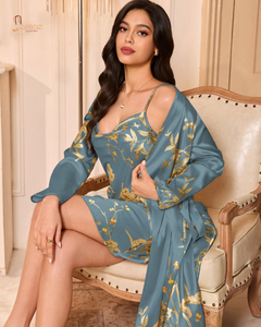 Conjunto de Bata y Camisón de Seda con Estampado Floral para Mujer, Manga Larga, Sin Tirantes, Dos Piezas, Elegante Ropa de Dormir, Largo Completo, para Primavera - Product Image 5
