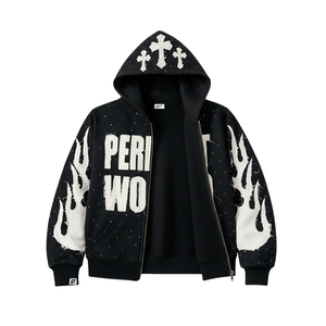 Sweat-shirt à capuche zippé noir pour homme avec imprimé graphique, style streetwear Perfect World, en molleton avec manches à motif flamme - Product Image 2