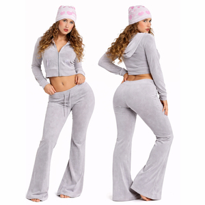 Women Pink Waffle <b>Knit</b> Tracksuit 2 Piece <b>Set</b> Crop Zip Hoodie & High Waist Flare Pants Casual Lounge Co Ord <b>Set</b> - Product Image 3