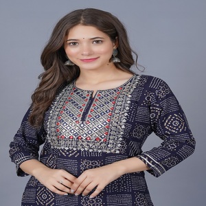 <b>Women</b> Blue Bandhani Printed Embroidery Work Yoke On Neck Kurti with , 3/4 Sleeves Casual Ethnic Wear Straight <b>Kurta</b> - Product Image 3