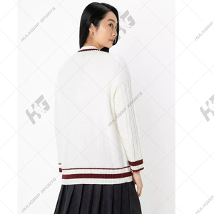 Cárdigan Blanco de Cuello Redondo para Mujer con Rayas Marrón y Logotipo Frontal Informal en el Pecho - Product Image 2