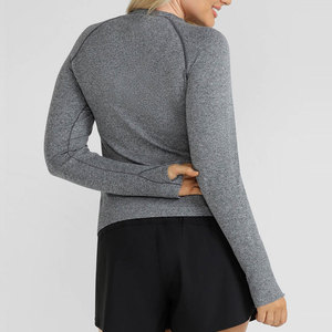 Women Yoga Padded Longline Workout Crop Length Shirt Crew Neck <b>Thumb</b> Hole <b>Cuffs</b> Seamless Knitted Yoga Fitness Workout Shirt - Product Image 6